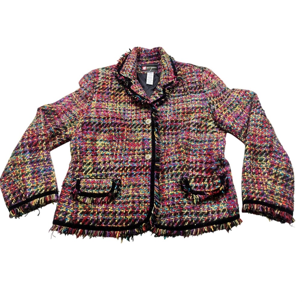 NB New Fashion Jacket Womens 16 Multicolor Tweed Fringe Vintage Style